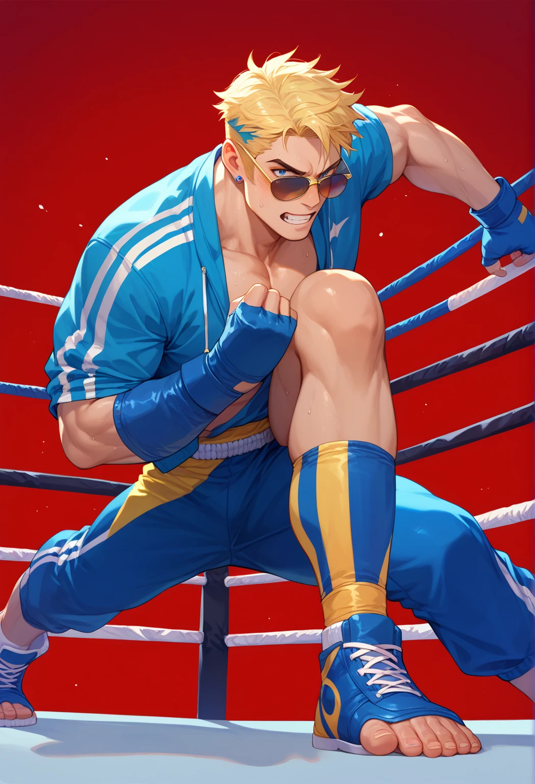 Blender, ((masterpiece: 1.2), (best quality, ultra-detailed, photorealistic: 1.37) high quality, high definition, super-detailed, unreal engine, award-winning photography, ultra-realistic photography, (3d:1. 5), 8k, cinematic lighting, volumetric lights, hard edge lighting, hyper-realistic photography, HDR, volume, a caricature of a woman with boxing gloves and a boxing glove, knockout punch, ((closed eyes)), half open mouth, teeth, fleshy lips, punch slightly outward, woman breasts, hajime no ippo manga inspired, kickboxing, as a tekken character, official fanart, king of fighters style, muscular! tekken, in a boxing ring, asuka suit under clothes, fighting game character, in fighting pose, Fighting pose, art, abs, six pack, female muscles, wasp waist, blood, bruising