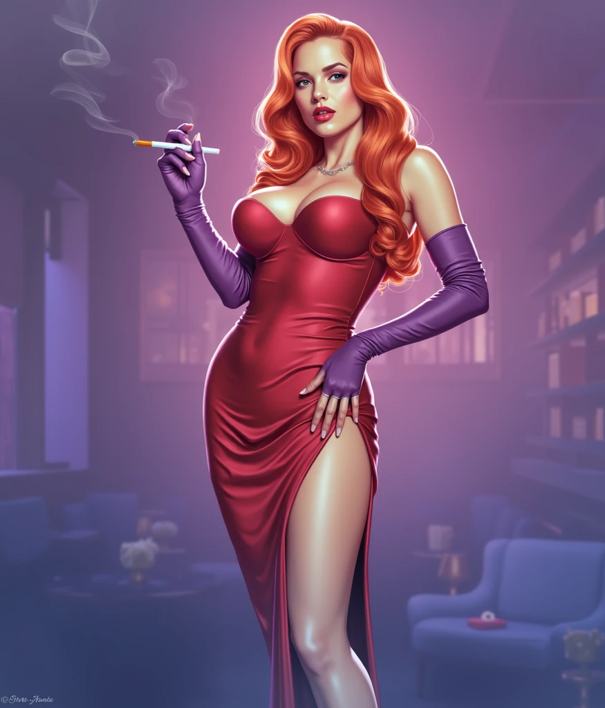 1 garota, Jessica, enorme , luvas de cotovelo, olhos verdes), enorme and Deep cleavage, Red lips, (strapless dress) (cabelo vermelho) (vestido vermelho), ((Ela tem uma figura madura, her cleavage is enorme and Deep))
