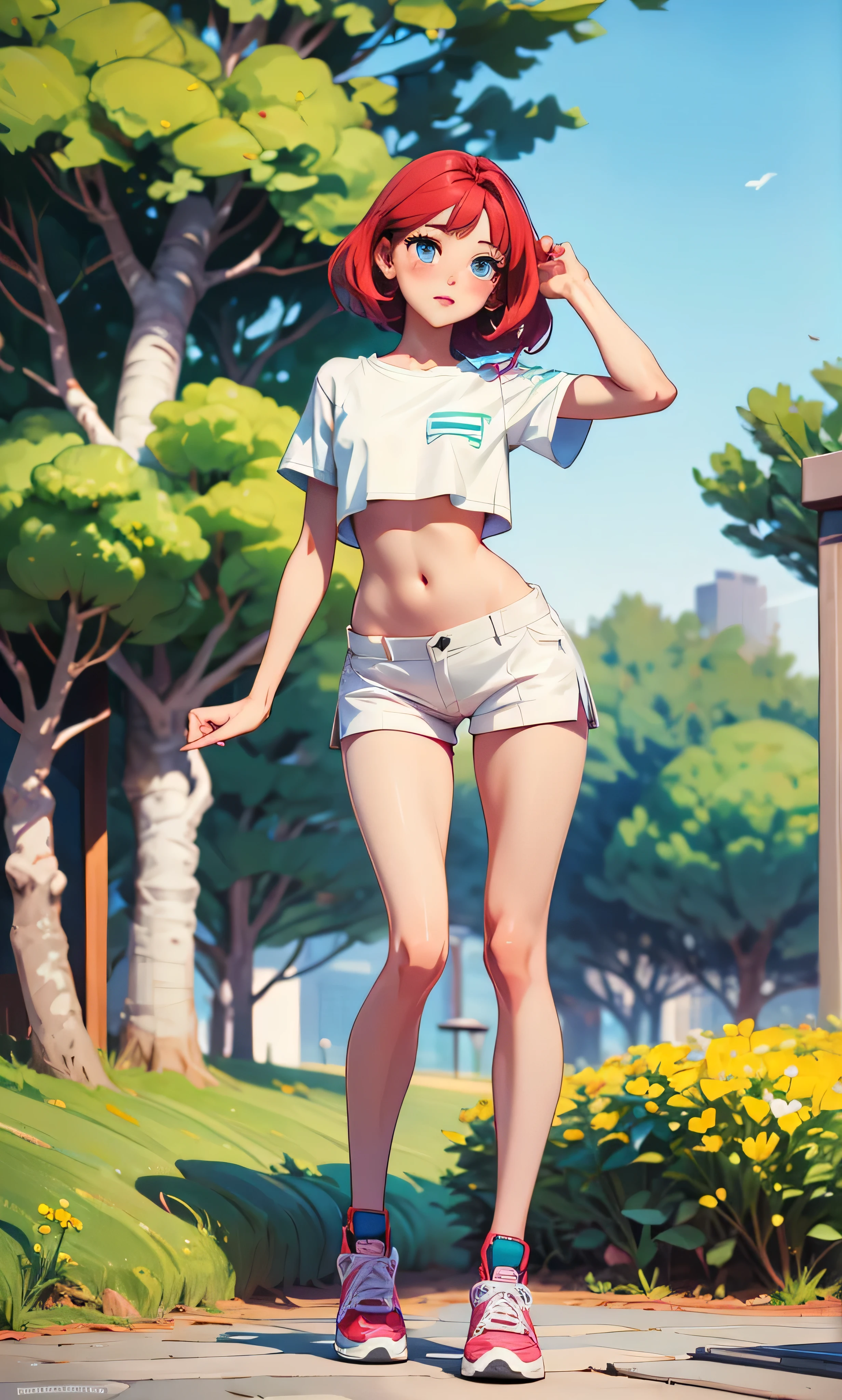 Masterpiece, high facial detail, una niña hermosa, thinand tall, skinny girl, an asian girl, Yuna from ITZY, redhead, long hair, short hair, blue eyes, blushing, a full body girl, flat chest, abdomen, textured skin, long legs, legs apart, sexy pose, white top and shorts, naked, nude, pussy, exhibition, white sport shoes, facing the viewer, in the park, green trees,