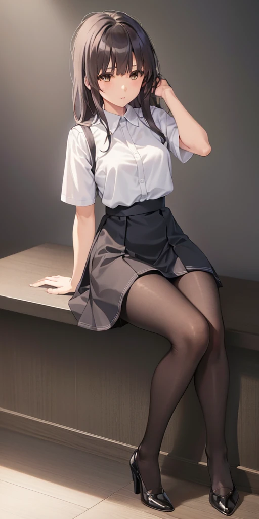 Young woman, full length, sitting, legs spread wide