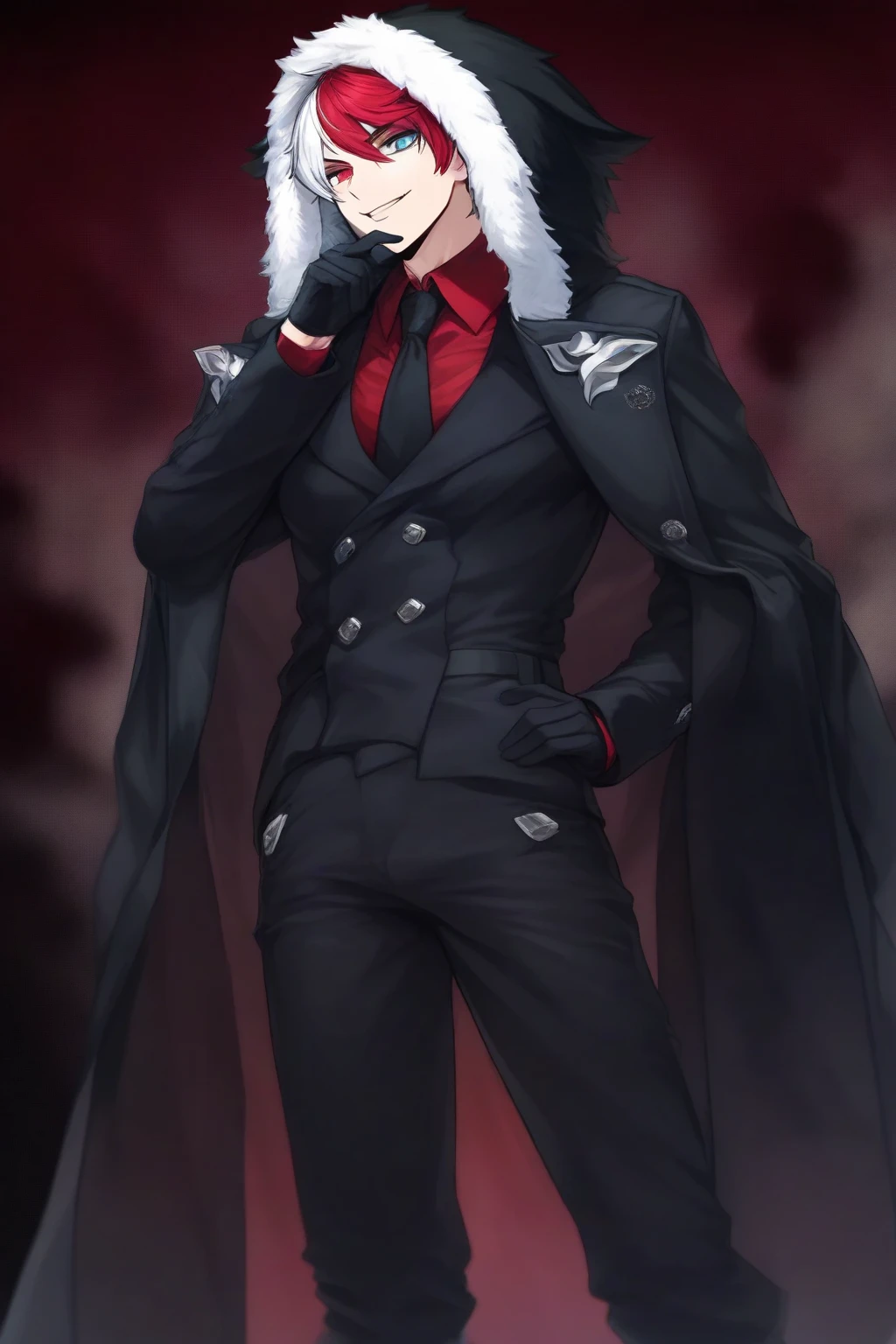 white hair, black peaked general cap, red eyes, slim black military trench coat, black combat boots, black pants, wolf ears, wolf tail, HD, masterpiece, vibrant