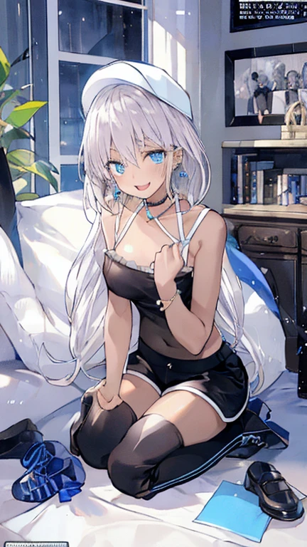 high-level image quality、top-quality、Detailed drawing、Does not blush cheeks、Slender adult beauty、Sailor School Swimsuit、Small eyes、knee high、stockings、medium chest、Inner thigh-sitting、Petanko sitting、White Straight Hair、shorth hair、Hold your chest and crotch with your hands、Hide your chest and crotch with your hands