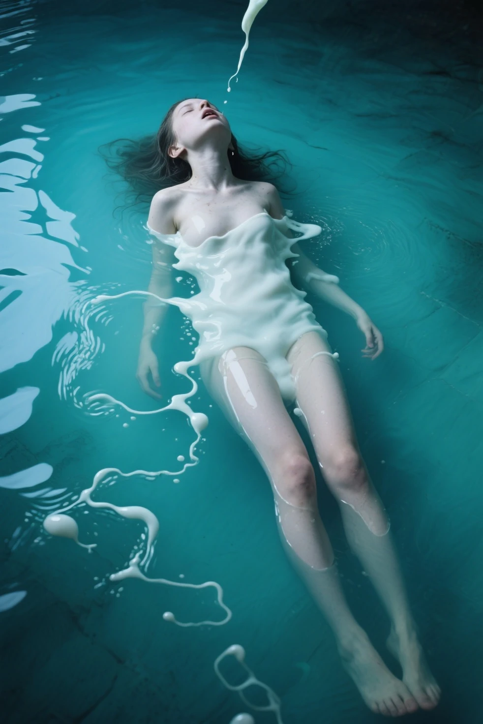 (masterpiece: 1.3), (8K, Photorealistic, Raw Photo, Best Quality: 1.4), A top-down shot of a woman floating on a bed of milky , her body gently rising above the surface, gazing directly at the camera with a calm expression, soft ripples forming around her, under diffused lighting, shot with a Nikon Z7 II, 50mm lens, smooth pastel tones with a focus on creamy whites