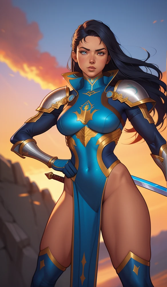 uma pintura de uma mulher com uma roupa azul e amarela segurando uma espada, artgerm julie bell beeple, sedutor elfo princesa cavaleiro, artgerm extremamente detalhado, zenoscope, garota de armadura, mulher paladina de fantasia, estilo ivan talavera e artgerm, Armadura Azul, aly caiu e artgerm