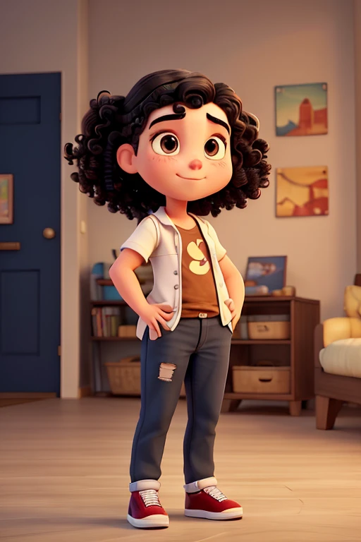 A cartoonish image of a 22-year-old, with medium-curly but short black hair, in casual clothes, half chubby