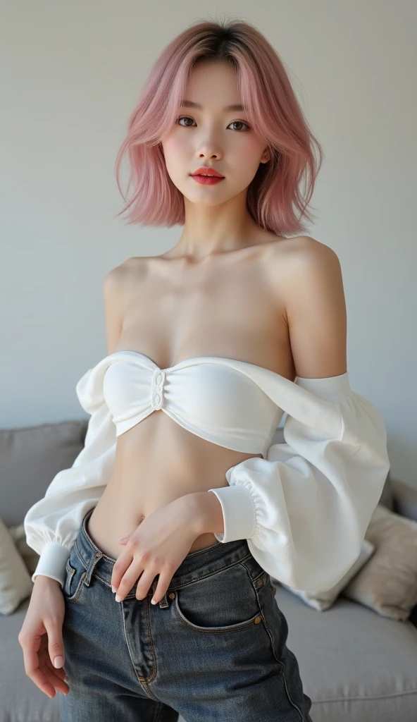 20yo woman, (masterpiece: 1.4), (8K, reality, original photo, best quality: 1.4), (1 girl), beautiful face, (Real faces: 1.4), (pink hair, short hair: 1.3), hairstyle, Realistic blue eyes, beautiful details eyes, (reality skin: 1.3), beautiful skin, Attractive, ultra high resolution, Super realistic, HD, golden ratio, (Detailed face: 1.4), (), Sheer vest, short hair,WhiteTransparent,White,NSFW,medium,big ass emphasized,The nipple areola is clearly shaped,looking into camera,Sitting on the sofa,pubic shape is transparent and clear,posture(Bend your knees and legs open)