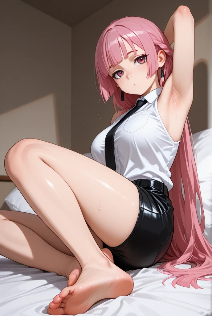 1girl,big breasts, closed breast, very long hair,open jacket,white shirt, long skirt, bedroom, , spread legs, Sitting, legs focus, pantyhose, full body, pink eyes, very low angle, under floor perspective, looking down, under skirt perspective, ant POV, foreshortening