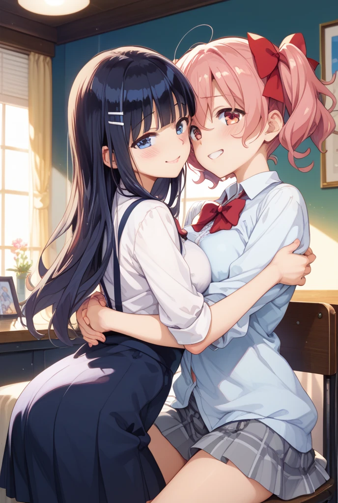 (masterpiece, best quality, highly detailed, ultra detailed, high resolution, absurdres, 4K, 8K:1.2), (official art, incredibly fine illustration, extremely detailed CG, detailed background, professional lighting, dynamic angle, perfect hands, detailed shiny skin, detailed hair, detailed eyes),
BREAK
(2girls:1.4), (face to face:1.3), cute,
from side,
(hugging:1.2), (school uniform:1.1), (skirt lift, shirt lift:1.2), pastel colored (underwear, bra:1.1),
indoor, classroom,
(looking away:1.4), (laugh:1.2), (panic:0.8), blush, open mouth,