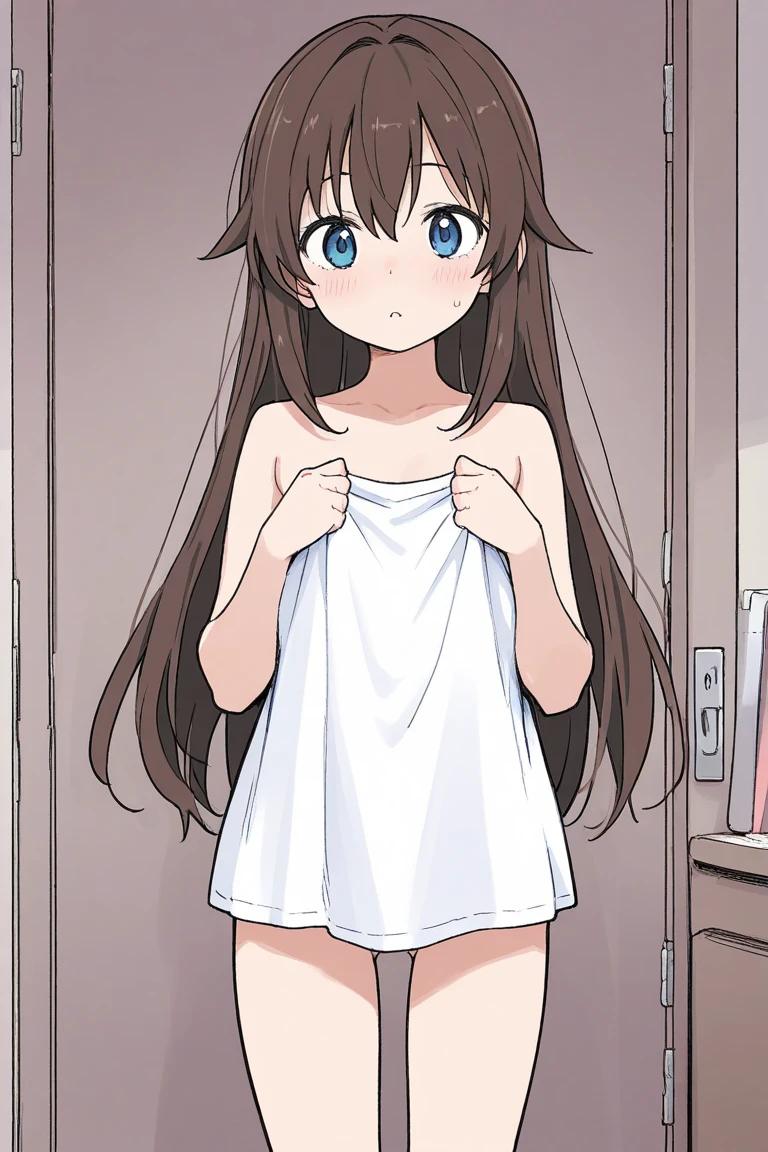 Girl, (light brown hair:1.5), (black eyes:1.1), (big eyes: 1.1), (sagging eyes: 1.5), (very long hair:1.1), hair between eyes, (flat chest:1.3), (straight hair), very short, only , droopy eyes, , (short height:1.8), young face , smooth straight hair, locker room, (Naked: 1.5),nipples are visible,pussy are visible ,(not wearing anything:1.5),flat chest,curvy,