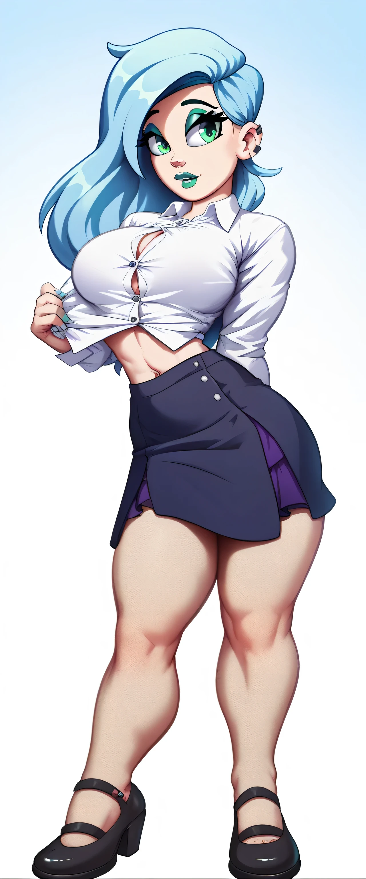An attractive sexy office girl big breasted beautiful blossoming blue hair short light her green eye red lip wears white button shirt cut off her navel and a purple mini skirt short big muscle sensual black heel