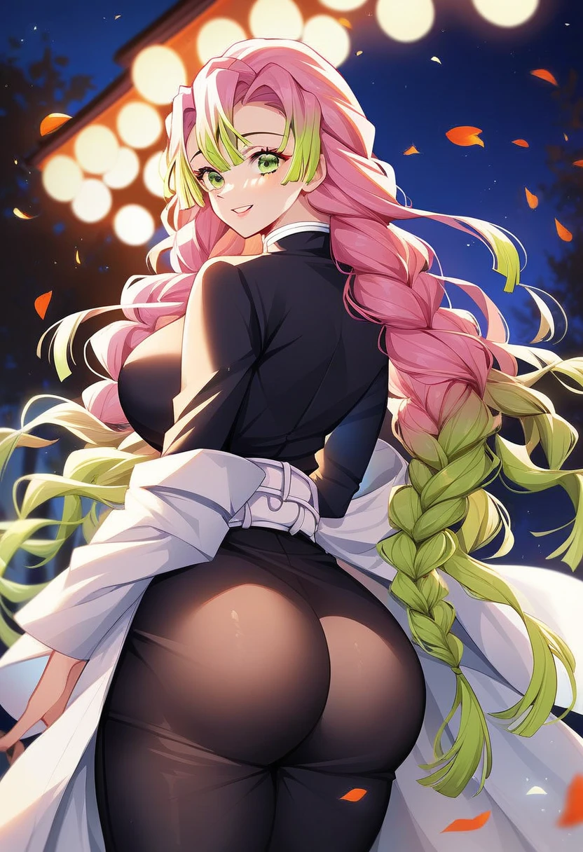 (masterpiece, Best Quality:1.2), 1 woman, 1 man, fucking,pink hair,green hair braid,dark pink eyes, room , big breasts, Upper part of the body, belly button, blush, tall woman, evening, doggy style