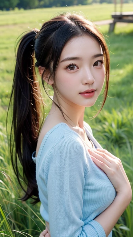 beautiful girl in a simple primitive costume made of hemp, full body, front face, photo, an extremely delicate and beautiful, extremely detailed, Amazing, extremely detailed skin, (18 years old:1.2), cute girl, famous Japanese idol, kawaii, fair skin, shiny skin, chin thin, (smile:1.3), cute, young, extremely detailed nose, extremely detailed mouth, cute face, (realistic face:1.4), beautiful views, japan, nature, grass field, mountain, outdoors, blue sky