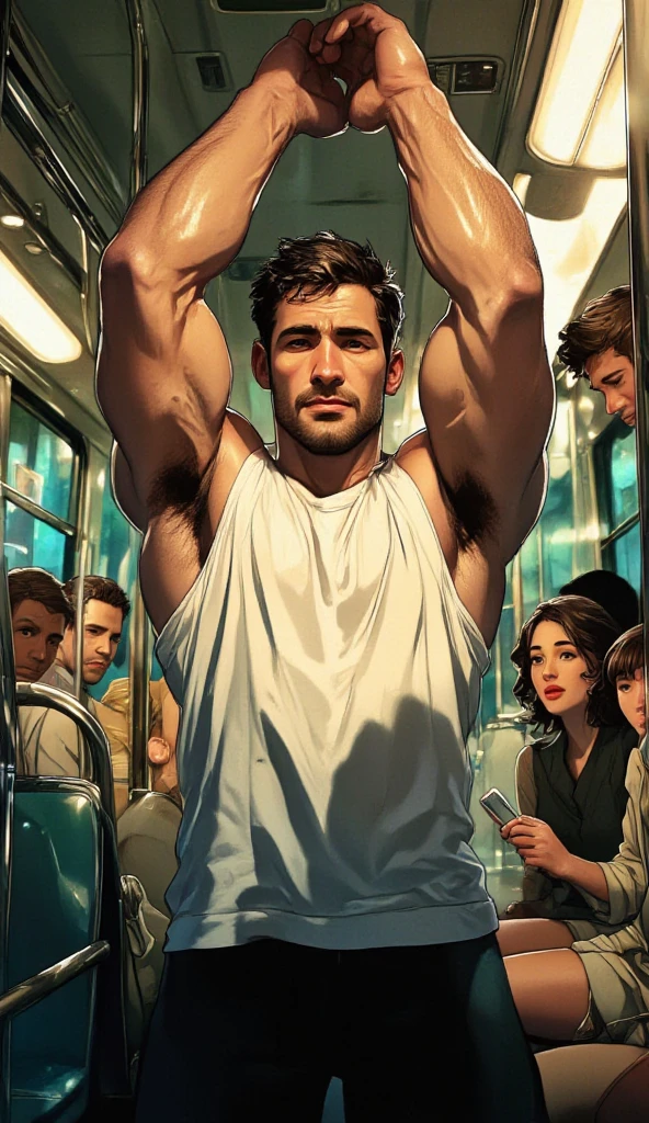 Realistic、Handsome Men、、Japanese、Slim body、Mash Hair、Torn and open shirt、Six-pack、Trousers hanging down、A crowded train、Red Boxer Briefs、The old man next door puts his hand inside his briefs、Being touched all over the body、Old man grabs bulge in boxer briefs