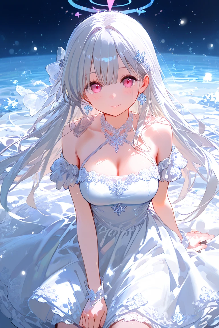 She is a beautiful woman with long silvery hair and beautiful eyes.、She is wearing an elegant and detailed Aloha dress.。The dress is、To give a luxurious and classy feel、Must have intricate designs and patterns。In the background、The morning sun reflects on the water、Romantic morning beach in Hawaii with the sun hitting the palm trees。The entire image is、Enhance the magical atmosphere by highlighting the glittering effects and rainbows.、Adding extra frills to the dress。It makes you stand out。」