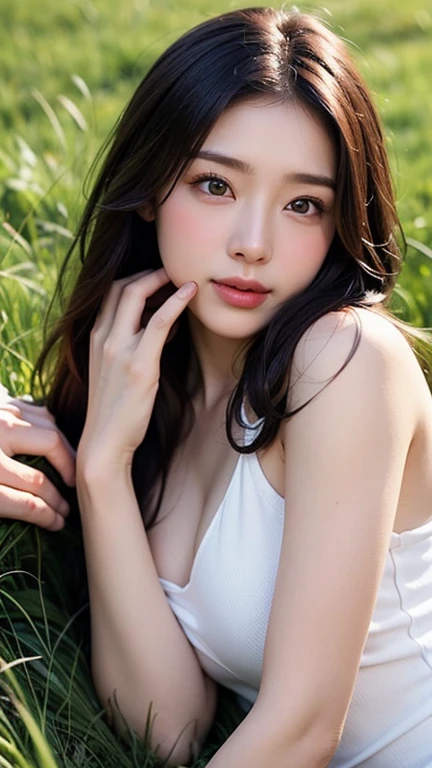 (Cute girl with slender small breasts in white shirt:1.5)、(Girl eating soft-serve ice cream with her mouth open:1.3)、(A park with a blue sky with poppies blooming:1.3)、(Anatomically correct:1.3)、(Complete Hand:1.3)、(Full Finger:1.3)、(Cleavage)、Photorealistic、RAW Photos、Tabletop、Highest quality、there is nothing、Delicate and beautiful、Perfect Face、Beautiful attention to detail、Fair skin、Real human skin、pores、((Thin legs))、(Black Hair), Beautiful G cup, Beautiful nipples, topless