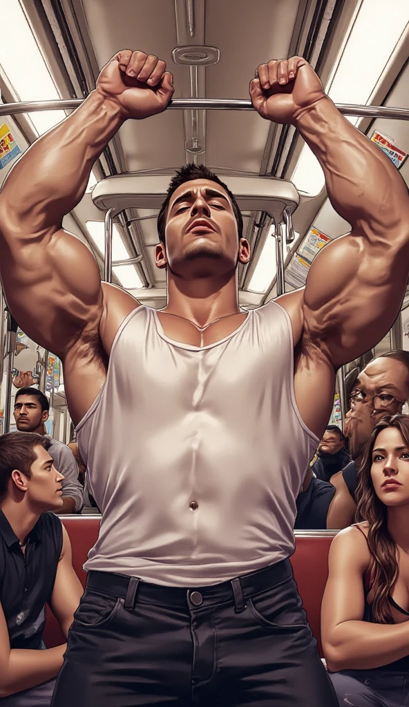 Ultra realistic Muscley naked Caucasian male jock riding an athletic male hunks reverse cowgir style bareback in public on a bus photo image cinematic lighting