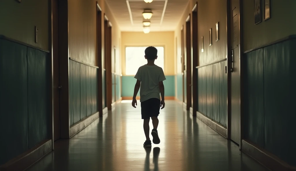 boy running towards a thermos on the floor with water in an auditorium (The thermos is not in the child's hand)