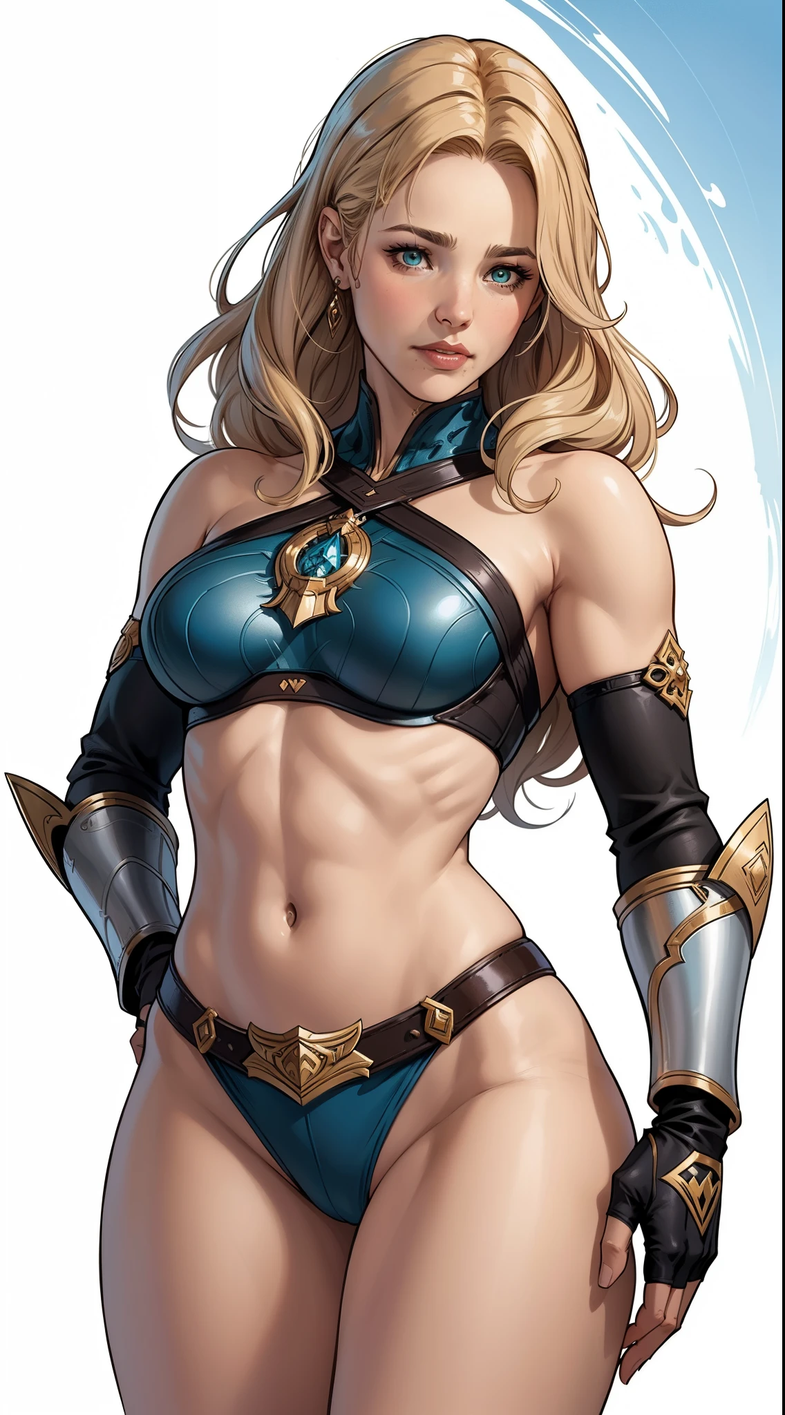 extremely long hair , ponytail, perfect anatomy 1 girl tall solo, slim thick,  ((muscular)) high elf toned body, silver breast plate, blue cape, slendered abs, hourglass waist, detailed face, defined cheekbones, puffy lips, gauntlets, gold crown, shadow over eyes, looking at viewer, masterpiece, white thigh highs lingerie,
