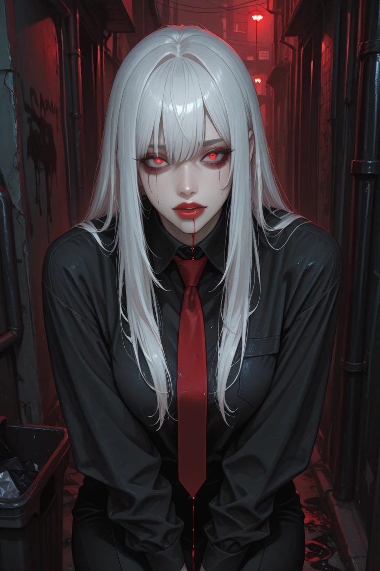 "((Masterpiece, Top  Quality, high resolucion)), (femele), (1 character), (soio), (Solo), (アニメ), (ahoge, long white hair), (Faintly glowing red eyes), (Bloody Straight Jacket), (red nails), (Kneel and lean forward), (Asylum;, The White Room), (There is blood everywhere), (Bloody clothes), (Carrying a bloody knife), (Crazy, insane)