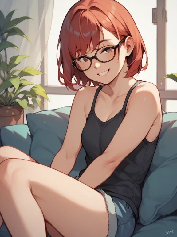 score_9,score_8_up,score_7_up,source_anime, solo, copper eyes, underrim eyeglass, dark brown hair, short cut, sidelocks, bang, 1girl, Fujimiya Sumika, vivid indigo camisole, strap slip, gradient rolled skirt , kind smile +++ , high socks knee high boots