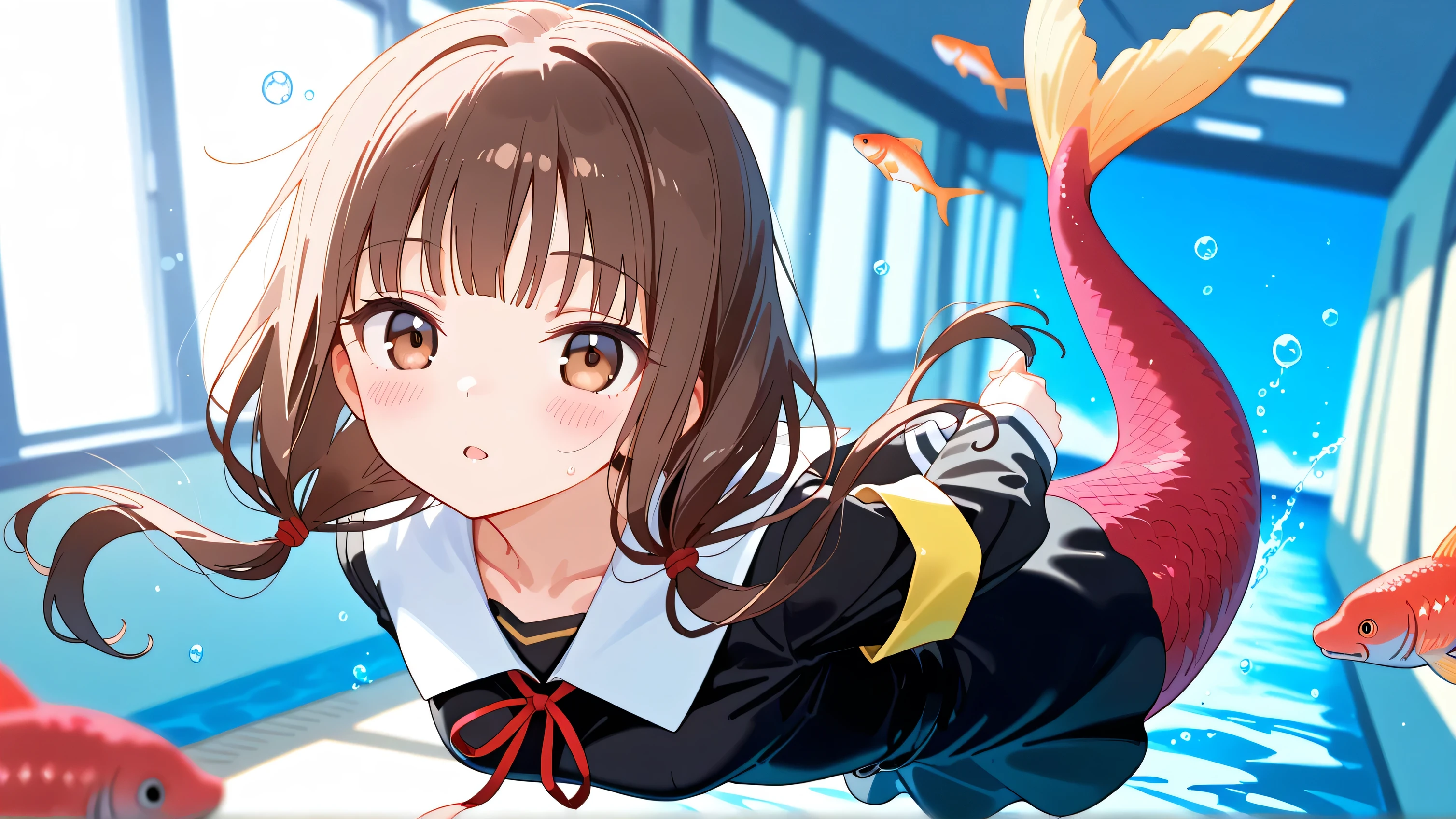 1girl, 8K, best quality, 1girl, (iino miko), long hair, low twintails, blunt bangs, collarbone, neck ribbon, red ribbon, black dress, black shirt, long sleeves, black sleeves, armband, ((mermaid, red scales)), underwater, morning, ocean, floating hair, female focus, (swimming, floating), leaning forward, indoors, arms behind back, hallway, window, fish, looking at viewer, (happy), open mouth, parted lips, blush, periwinkle hair, dynamic angle, dynamic pose, dutch angle, dynamic angle, dynamic pose, particle effects, bokeh effects, magical effects, (pastel color),staekinglight, pcpcpc,masterpiece, best quality, very aesthetic, absurdres, blurry, depth of field, blurry background, blurry foreground