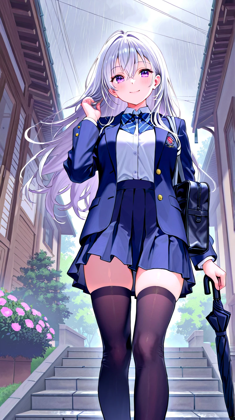 (((panty shot)))、mini skirt blazer、Beautiful Girl Magician、silver hair upstyle、((whole body))、(((photo taken from below)))、school gate