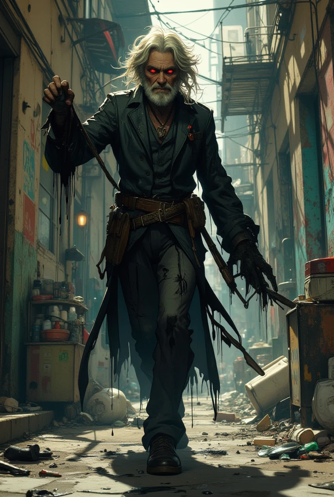 A zombie dressed as a mage flying with a belt in his hand and water around him