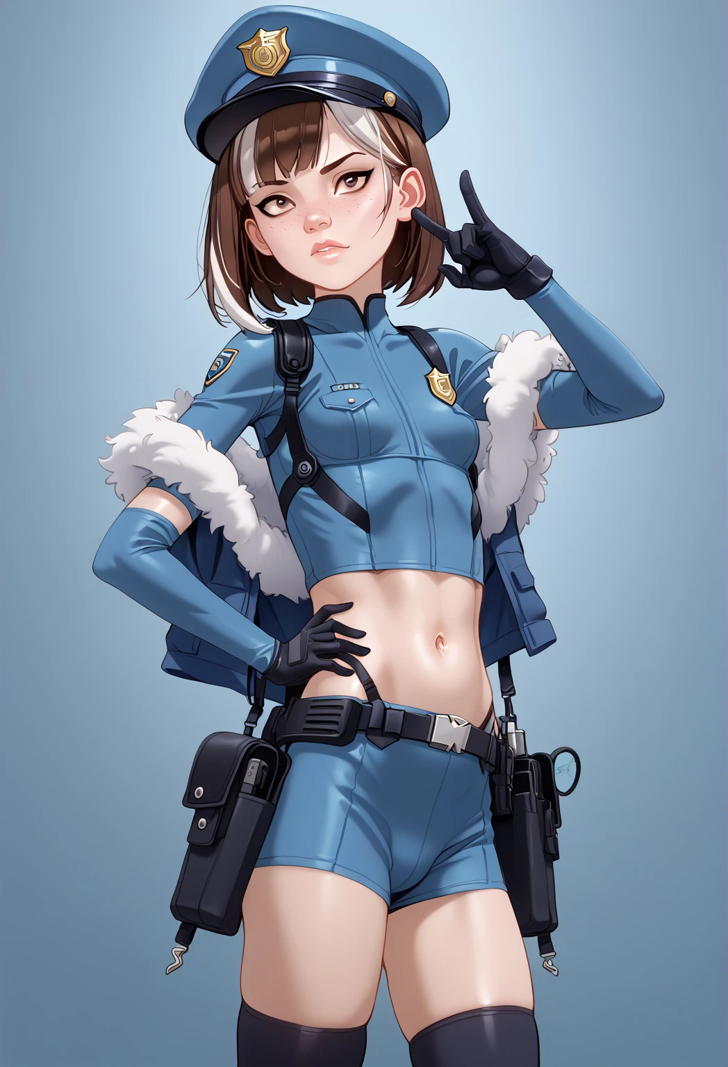 I want a girl with brown eyes, black eyebrows, brown hair, I want her to be dressed as a war-type gamer and have a light blue MP40 weapon and the drawing to be anime, I like it, but I want you to change her clothes for others and for half of her body to be visible.