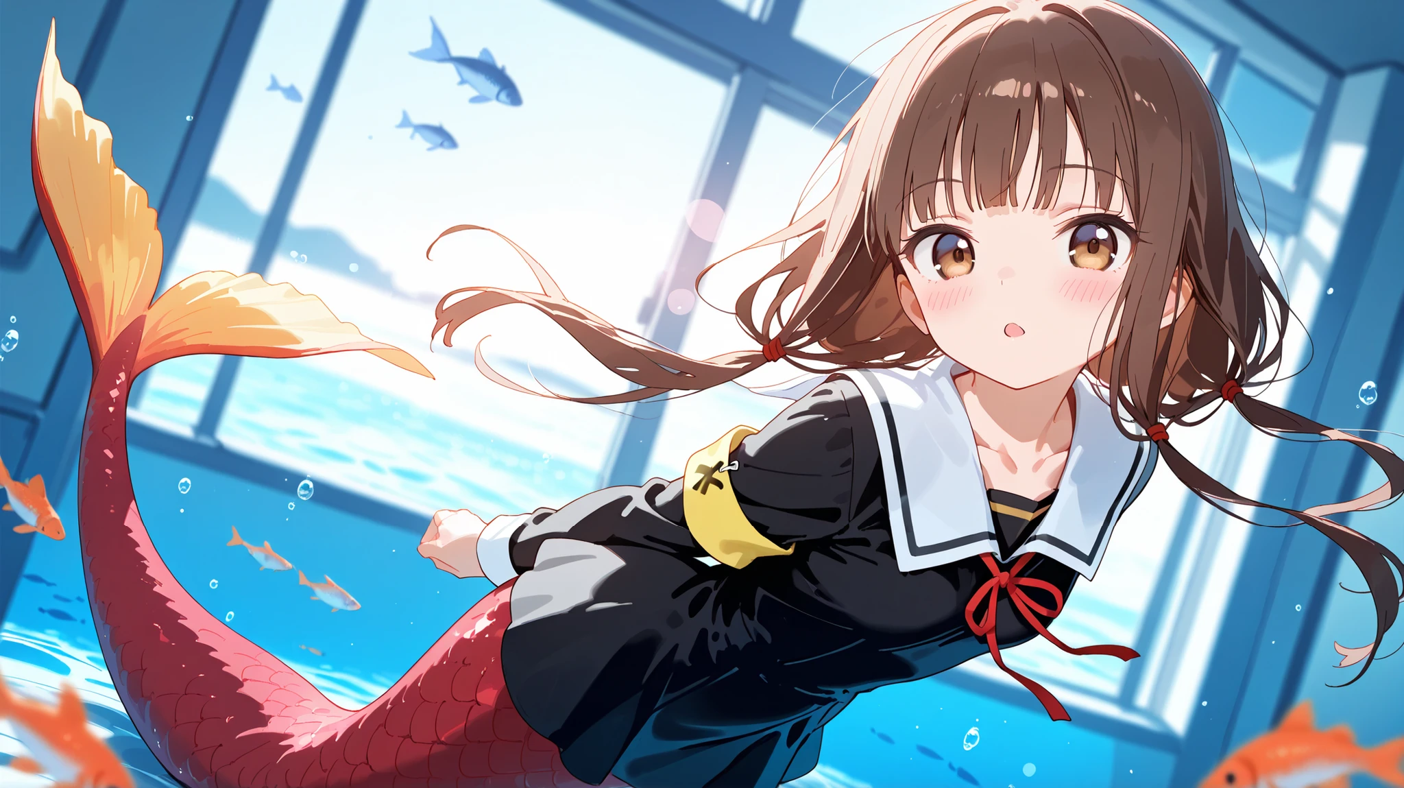 1girl, 8K, best quality, 1girl, (iino miko), long hair, low twintails, blunt bangs, collarbone, neck ribbon, red ribbon, black dress, black shirt, long sleeves, black sleeves, armband, ((mermaid, red scales)), underwater, morning, ocean, floating hair, female focus, swimming, floating, leaning forward, indoors, arms behind back, hallway, window, fish, looking at viewer, (happy), open mouth, parted lips, blush, periwinkle hair, dynamic angle, dynamic pose, dutch angle, dynamic angle, dynamic pose, particle effects, bokeh effects, magical effects, (pastel color),staekinglight, pcpcpc,masterpiece, best quality, very aesthetic, absurdres, blurry, depth of field, blurry background, blurry foreground