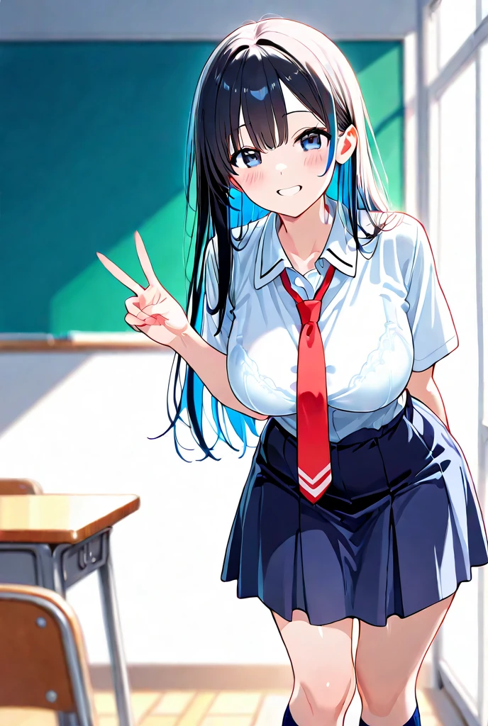 high school girl、Dressed in high 、School classroom、(Big Breasts)、Grinning face、((solo))、smirk