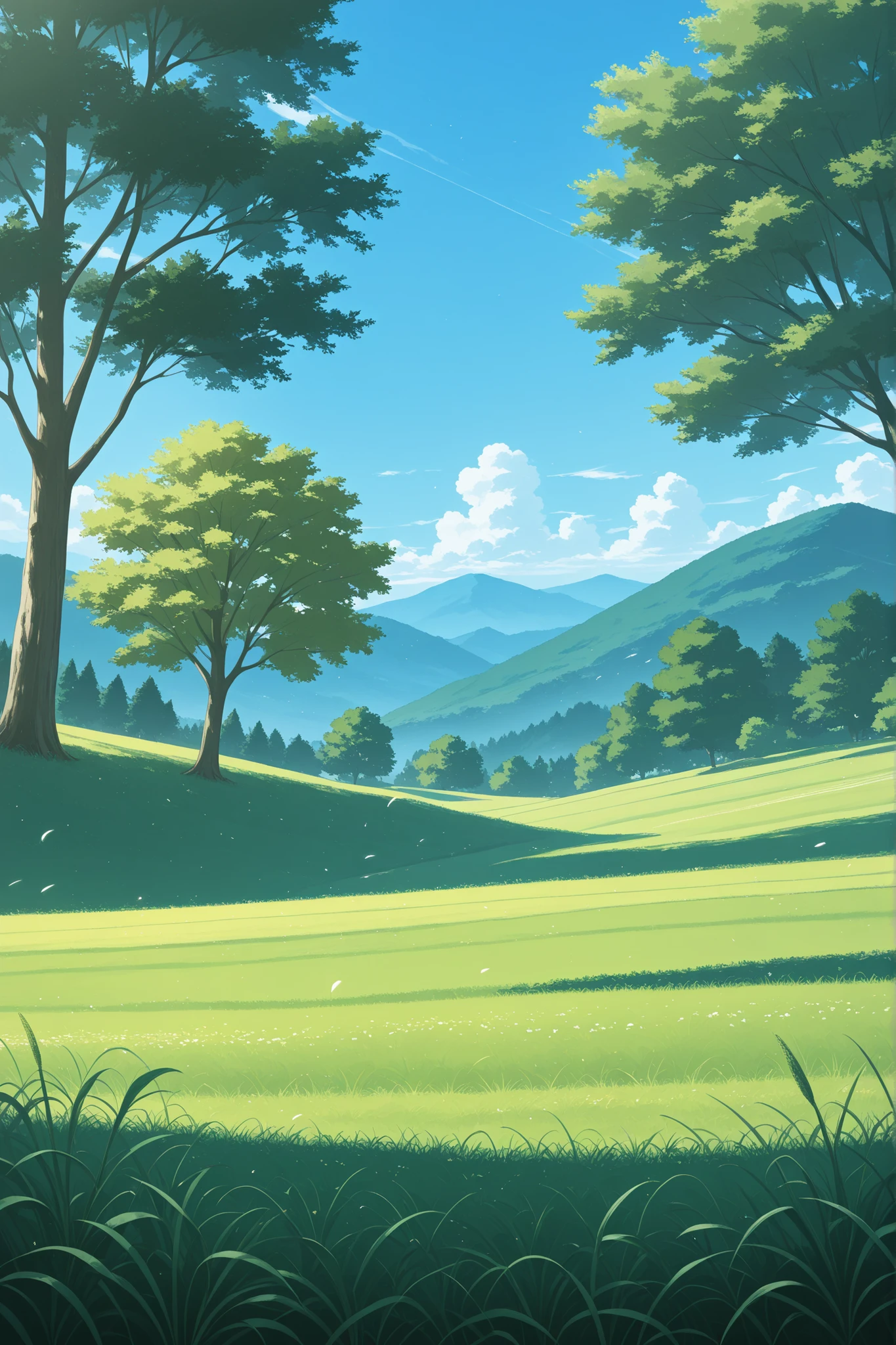 great field full of grass and a couple of trees. Day time, clear sky, panoramic view, wallpaper style.