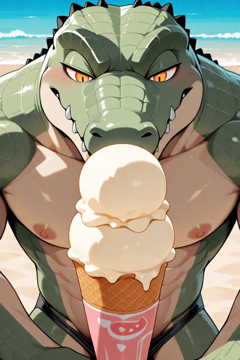 (perfect, masterpiece, best, perfect anatomy, perfect eyes) generate a female crocodile with a anthropomorphic shape. She has cute eyes, tail, (gigantic breasts:1.2), (long nipples:1.3),(wide hips:1.3),(big pussy:1.1),toned pecs, six pack.gangbang.bukkake,cum body. Face focus.ahegao.roll eyes.running makeup.running mascaras.beach.