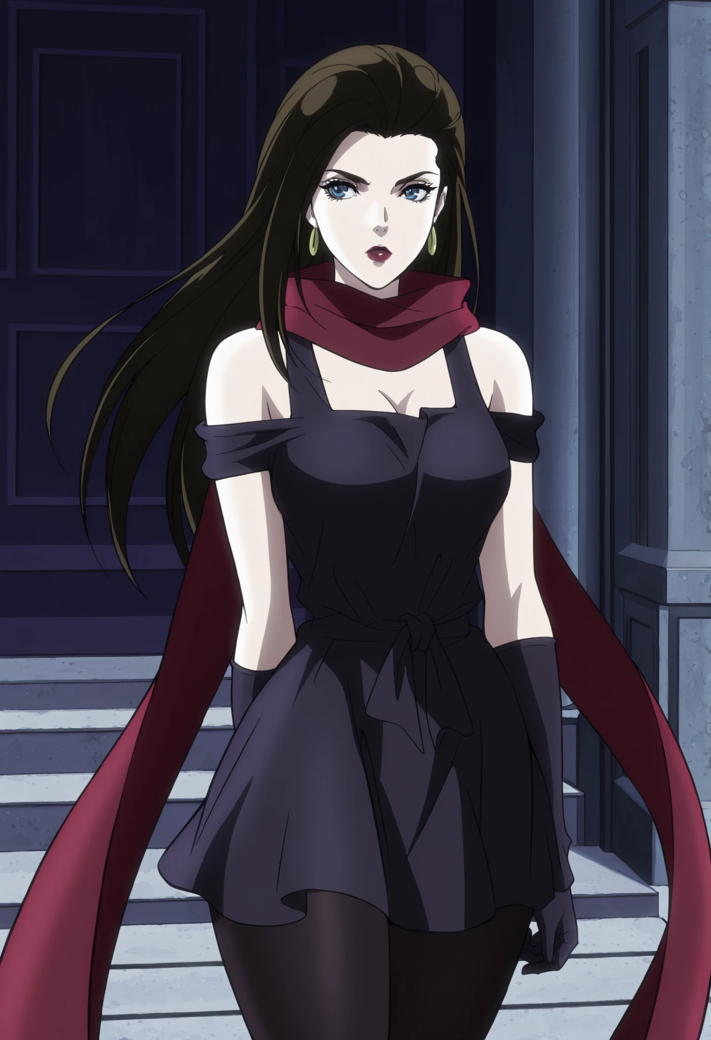 masterpiece, best quality, very detailed, , masterpiece, best quality, eyelashes, (Beautiful Eyes), cowboy shot, anime, Official Illustration,Lisa Lisa (character), 1girl, solo, dark brown hair, blue eyes, long hair, big chest,lipstick,Outfit 8 Spandex Tights, off-shoulder dress, gloves, red scarf, off shoulder, jewelry, dress, earrings, black pantyhose