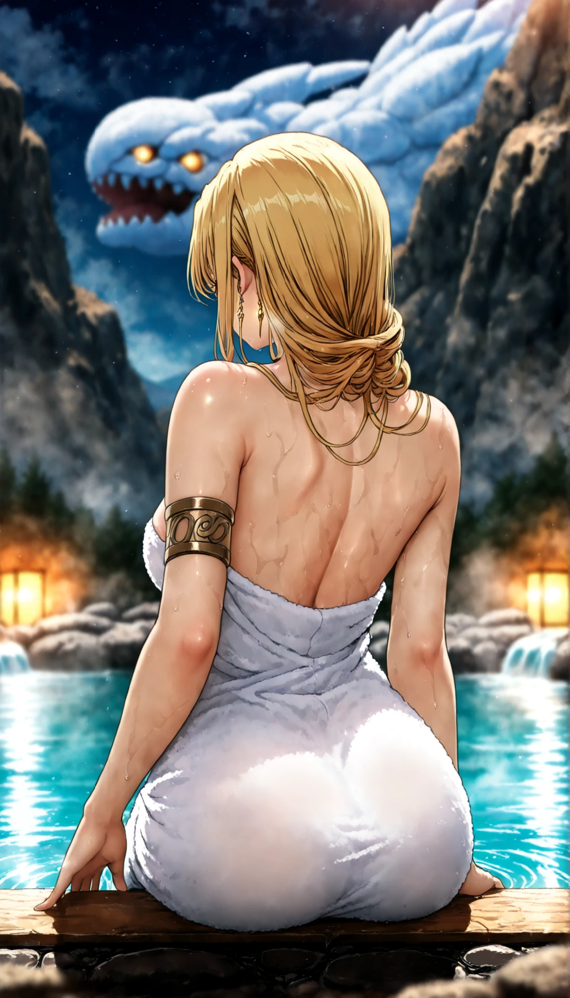 masterpiece, best quality, amazing quality, very aesthetic, high resolution, Ultra-detailed, absurdres, new , landscape,High Definition,arm cover, REST, depth of field, volumetric lighting,mineral debt ,A girl in the hot springs, depth of field, imagen de High Definition, a lot of details,(Unidentified giant creature that lives in Lake Caldera), fiction, elegant.ass covered with a white towel,(creature)