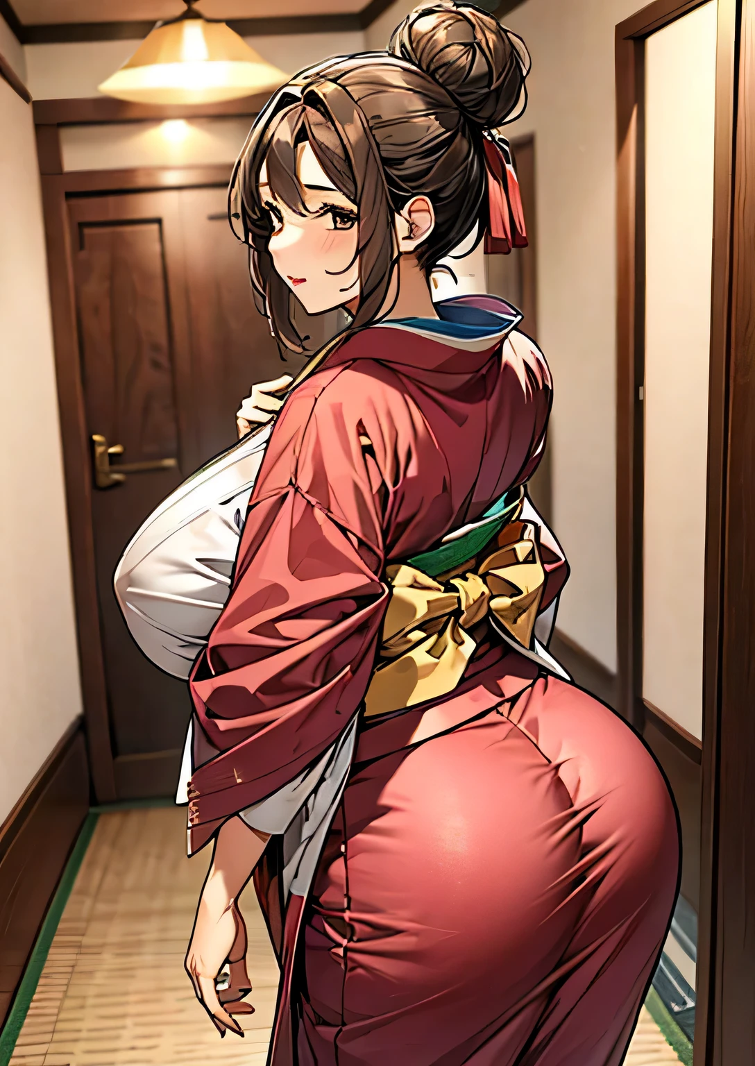 masterpiece, Highest Quality, standing、 (Rear View)、 open the leg 、 one mature woman、calm adult woman , ( kimono)、 pull your chest forward、 kimono姿、 、 alone, serious face 、mouth、 plump body that will end、Put your hair together with a hairbrush、bun hair、 Married woman in her 50s , length, Narrow eyes, Thin face, Big Breasts、charming mom with this plump body that will end、(brown muscles 1 .8)、In the hallway of a hot spring inn、(Looking back at viewers )、 in the dim hallway of a country inn 、 Channel and spiral stage under the late-night gallery 、staring at the viewer 、 Bottom of the composition、Sweat on her nape 、(pubic hair that combines in humans)、(Vaginal fluid)、( I can see my vagina)