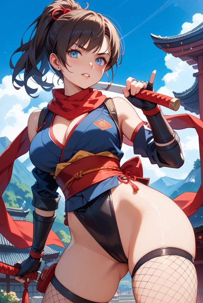 Erina_Prodigy, blonde hair, long hair, purple eyes, curvy, anatomically correct, heavy breathing, huge breasts, muscular female, outfit-tsubaki, breast curtain, red skirt, red sailor collar, elbow gloves, 1girl, ass, sword, weapon, looking_at_viewer, looking_back, solo, breasts, lips, katana, (shaded face:1.2), hollow eyes, purple eyes, looking at viewer, heavy breathing, smirk, upper teeth, lips, looking_at_viewer, lips, "glow effects, godrays, Hand drawn, render, 8k, octane render, cinema 4d, blender, dark, atmospheric 4k ultra detailed, cinematic, Sharp focus, big depth of field, Masterpiece, colors, 3d octane render, 4k, concept art, trending on artstation, hyperrealistic, Vivid colors, extremely detailed CG unity 8k wallpaper, trending on CGSociety, Intricate, High Detail, dramatic", (Plump:1.2), nsfw, nsfw art, sideboob,