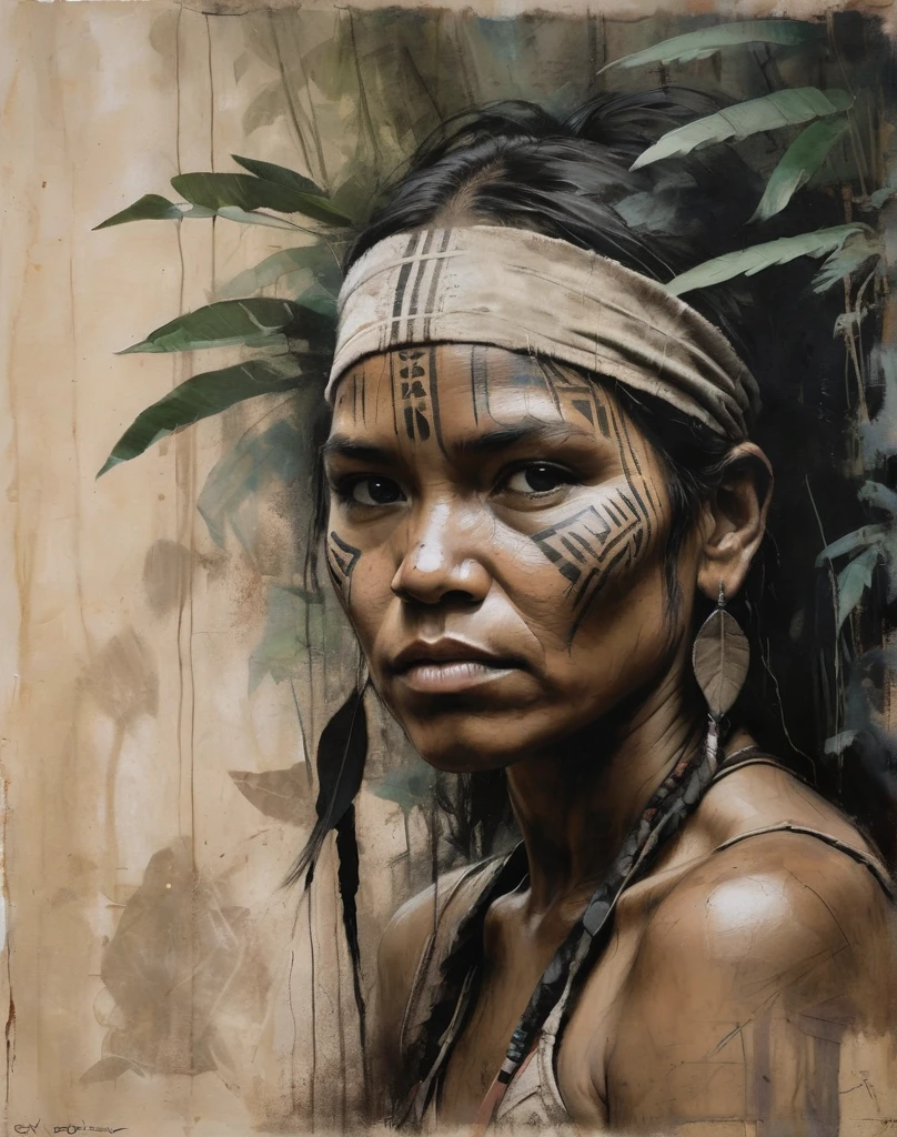 CroissantStyle portrait, solo, half shot, looking at viewer, detailed background, detailed face, (native american theme:1.1) aggressive jungle warrior, Red tribal clothing, warpaint, tribal tattoos, beads, blood, tropical climate, fighting stance, colorful plants, exotic trees, stones, mysterious, village in background, darkness, cinematic atmosphere, <lora:CroissantStyle:0.6>