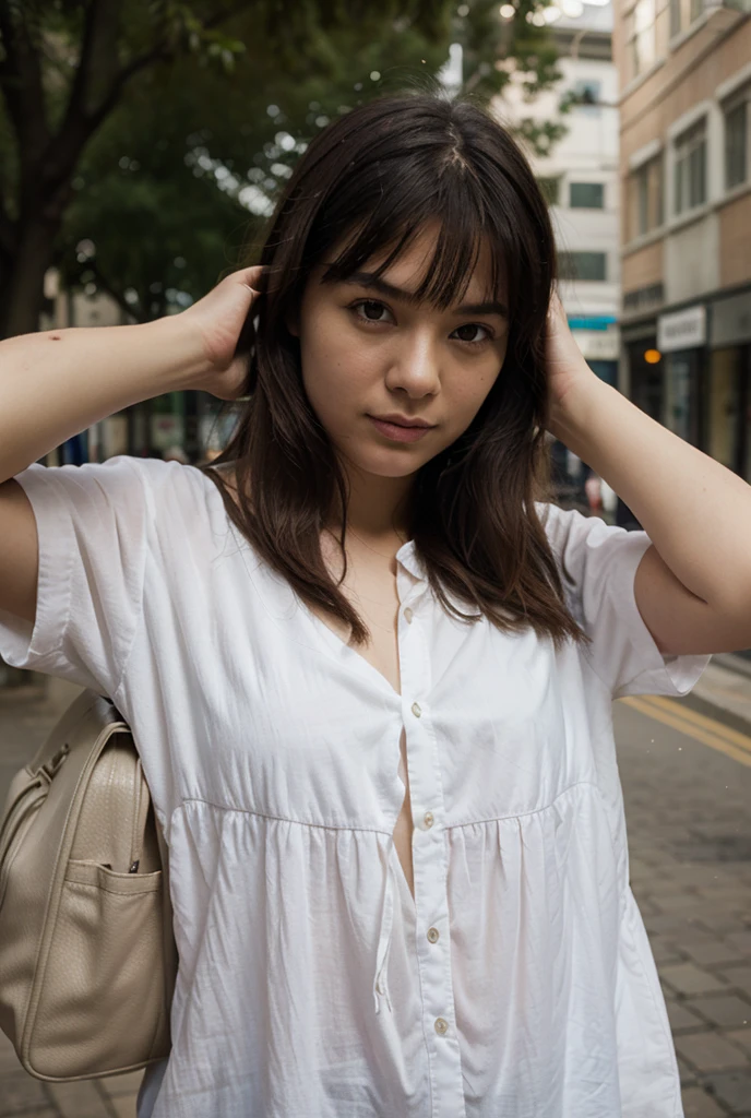 1 Female,Dark brown hair,Long Wavy Hair、20-year-old woman、((Annoyed expression)),Beautiful Medium Large、White shirt,Navy blue mini pleated skirt,Stylish,,(Look forward)(((Blushing、Embarrassed expression)),(((The wind blows up my skirt)))、(Pink lace panties)、((Turn around))、((I can see your butt))