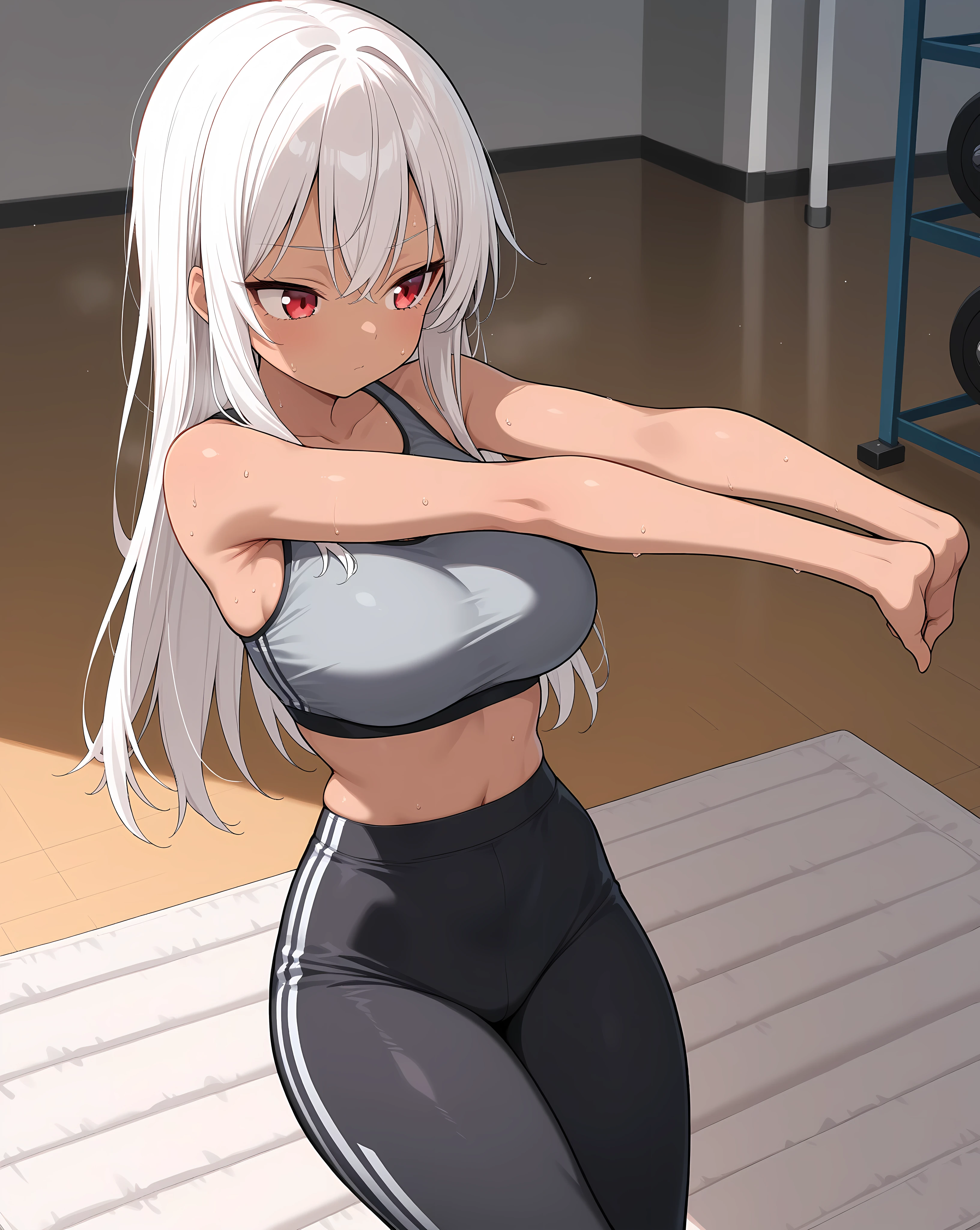 (Very detailed CG ユニティ 8k 壁紙)、(masterpiece)、(highest quality)、(Very detailed)、(Best illustrations)、(Best Shadow)、alone、One Girl、Green Eyes、Big Eyes、((sideを見せる))、((Put your palms together))、((Raise your arms))、((whole body))、((Yoga poses))、side、Leg spread、Sports Bra、Relaxing lighting、Bright colors、Natural light、side汗、180°Leg spread