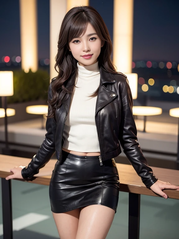 highest quality, masterpiece, Ultra-high resolution, realistic:1.3, solo, ((Clear Face)), ((cowboy shot)), (Glowing skin), (looking at viewer:1.3), (big busts:1.3), (sitting on chair), spread legs, hands behind back:1.3, leather jacket, shirt, leather skirt, long hair, smile