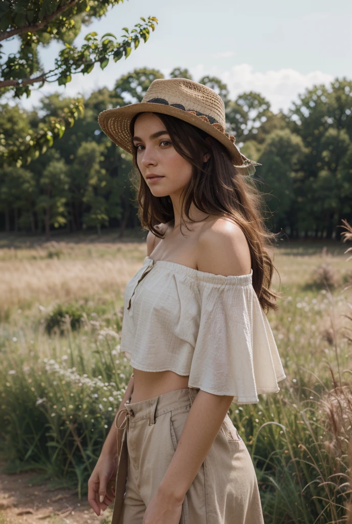model, A modern woman from Tocantins, with a style blending traditional and contemporary elements. She wears practical yet elegant clothing, reflecting life in the cerrado and local culture, in a setting showcasing the region's natural beauty.