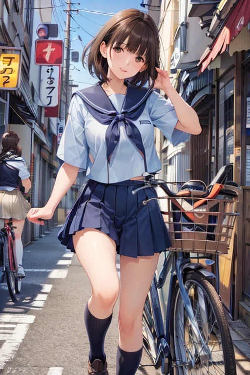 (((masterpiece, highest quality, High resolution, 超High resolution, Perfect Pixel, Depth of written boundary, 4K, RTTX 10.0))), Beautiful Anime Woman, Beautiful art style, Anime characters, ((Smooth texture, Realistic texture, Anime CG Style)), Exact finger count、Exact number of legs、(Exact number of arms:1.0, Exact number of hands:1.0), (Perfect hands, Perfect Anatomy), Cinematic, Realistic, Extremely detailed CG, Daytime lighting, Perfect lighting, Best Shadow, The best natural light, whole body, Perfectly balanced style, A perfectly balanced body, Slender body, whole body, ((bangs, Dark brown hair, Stylish and cute bob cut)), ((A cute woman stands shyly with her skirt lifted to show her panties:1.5)), (Fashionable white shirt, Sailor collar, Knee-high socks, loafers, Pleated mini skirt:1.3), (Sexy and cute panties, Stylish shiny light blue satin panties, Side-tie panties, Small lace panties:1.3), (beautiful and very large breasts:1.1), (Feeling embarrassed, (blush:1.2), (Embarrassed expression:1.3), (sexual pleasure expression:1.4), (The expression of someone who is holding in the toilet:1.3), (Look up, Close ~ eyes, Mouth half open:1.3), (At the amusement park,In the background there is a Ferris wheel and a roller coaster, People having fun in the background々:1.5), (Angle from directly below:1.3), (pussy juice, Juice dripping on the thighs:1.3)