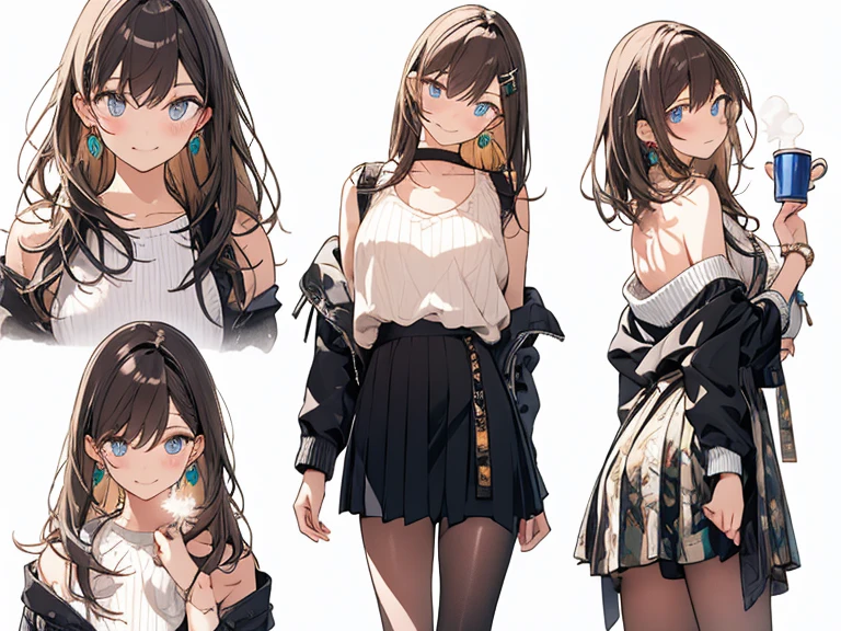 (highest quality,High resolution,Perfect Pixel,8K), (1 girl:1.2), Beautiful woman,((Wavy mid-length hair, bangs, Brown Hair)), ((Brown eyes, Beautiful eyelashes, Realistic eyes)), ((Detailed face, blush:1.2)), ((Smooth texture:0.75, Realistic texture:0.65, Realistic:1.1, Anime CG Style)), Medium chest, Perfect body, (Earrings,necklace,Sleeveless turtleneck sweater,mini skirt, ((skirt lift)), A shy smile)), ((You can see her lace panties:1.1), (multiple views,(two views:1.1),(from below and from front),white background)