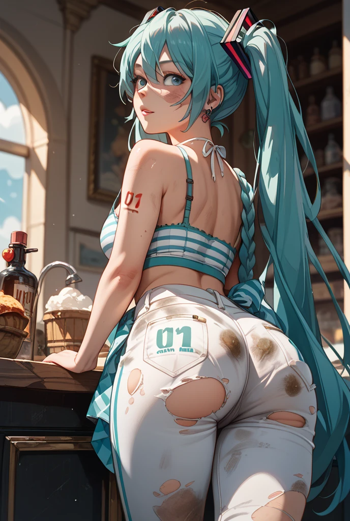 masterpiece, Highest quality, Big Ass, Round ass, Perky ass, Large Breasts, Triple D cup breasts, Aqua Hair, freckles,alone,Aqua Eye, Bushy crotch, blush, stretch, Twin tails, Long Hair, Hair between the eyes, Translucent T-shirt, T-back with ribbon ,Bend your body, Bedroom, at night, Sleep on your back, Extremely detailed 8K, super high quality, Cinema Lighting, Ambient Occlusion, 4K, 8K, 16K, In-person audience,Baby oil, Highly detailed anime, Detailed face, Perfect composition, Wide Shot, Atmospheric lighting, Very sexy,