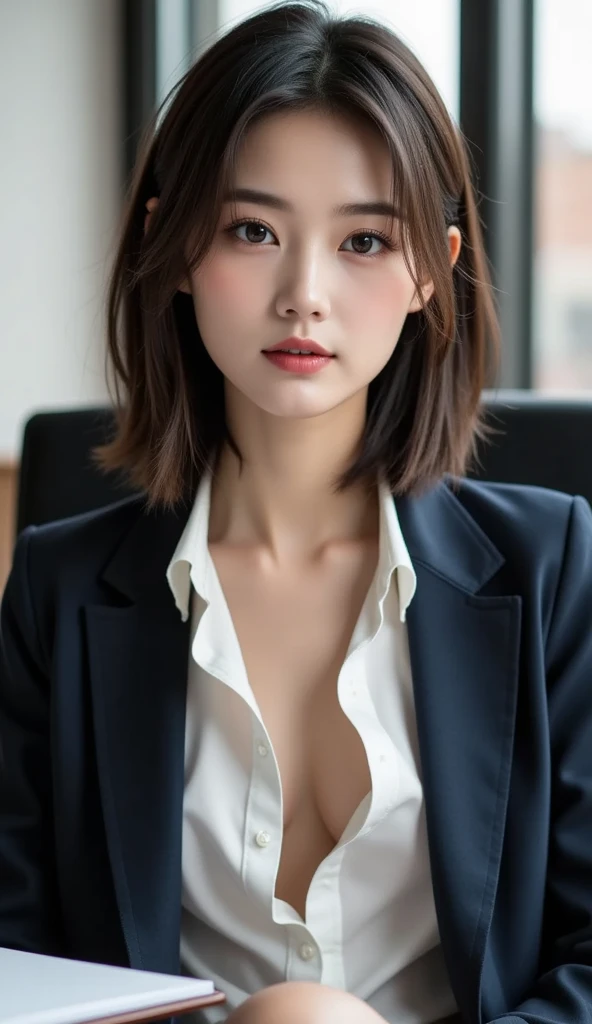 breast focus, ((facing viewer)), ((School Blazer)), Portrait, (((show off deep brown nipple))), In the classroom, japanese tiny girl, pale skin, short hair, ((standing)), high quality:1.3, Professional lighting:2.0 realistic:1.2, 4k resolution, detailed skin, masterpiece:1.1