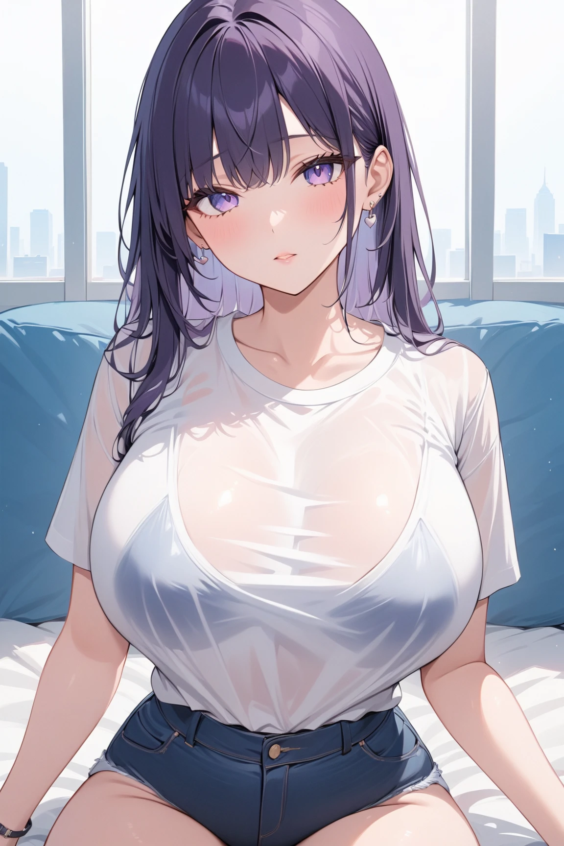 1girl, solo, purple hair, purple eyes, looking at viewer, large breasts, shirt, black hair, cleavage, short sleeves, pants, denim, v arms, breasts squeezed together, jeans,