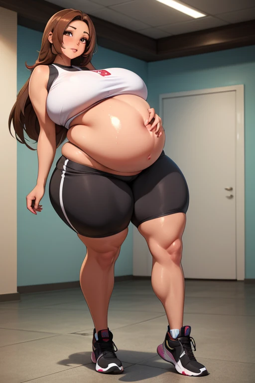 (masterpiece, top quality, best quality, official art, beautiful and aesthetic:1.2), (1girl:1.3), (gorgeous face), light freckles, fair skin, brown hair, extremely detailed, portrait, looking at viewer, solo, (full body:0.6), detailed background, close up, (airy modern theme:1.1), extremely busty pregnant woman, ponytail, big lips, hand on belly, charlatan, warm smile, mysterious, standing in the living room, sports bra, leggings, workout gear, weight machines, windows, modern apartment, well-lit, thin and toned physique, ((((gigantic breasts, pregnant, cleavage, skindentation)))), slim waist, slim hips, long legs, modern (apartment interior:1.1) background, dark mysterious lighting, shadows, magical atmosphere, dutch angle,