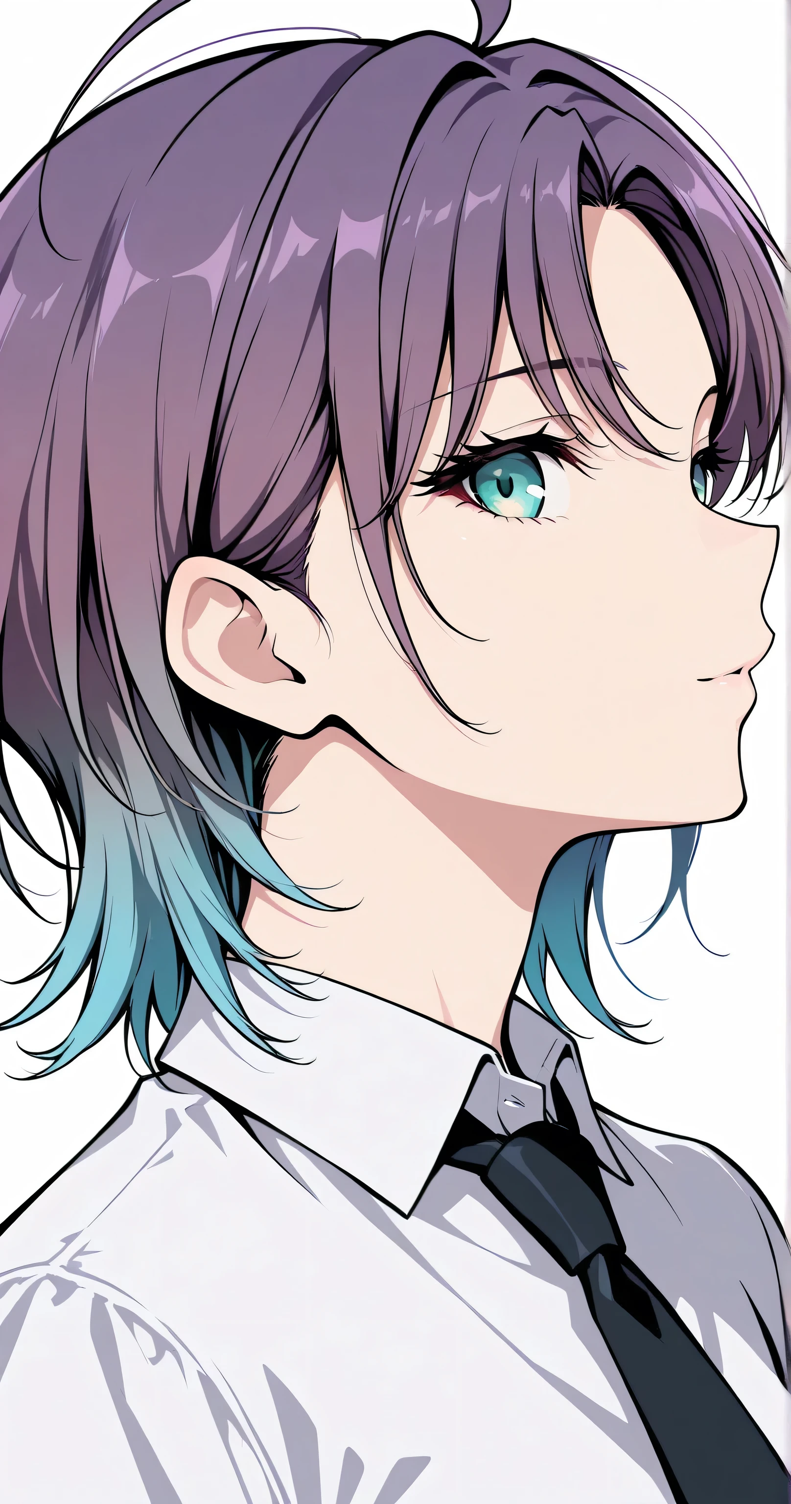 2Danime-style, Cell-shaded style, (flat color:1.3), Toru Asakura, t_asakura, face shot, side view, [closed eyes: (narrowed eyes:0.1), bewitching grace], looking at viewer, profile, flawless porcelain-like skin, dewy radiance, cinematic lighting, sharp focus, clear lines, crisp outlines, dynamic clean line art, fine contour lines, harmonized colors, vibrant colors (1.5), ultra-detailed, detailed aqua eyes, intricate irises, beautiful eyes, ultra-detailed eye contours, short choppy messy pixie cut purple hair, parted bangs, gradient hair, blue hair, multicolored hair, ahoge, glossy highlights, silky smooth hair, delicate strands, slightly messy hair (1.1), black necktie, white shirt, simple background, highly detailed face, flawless skin