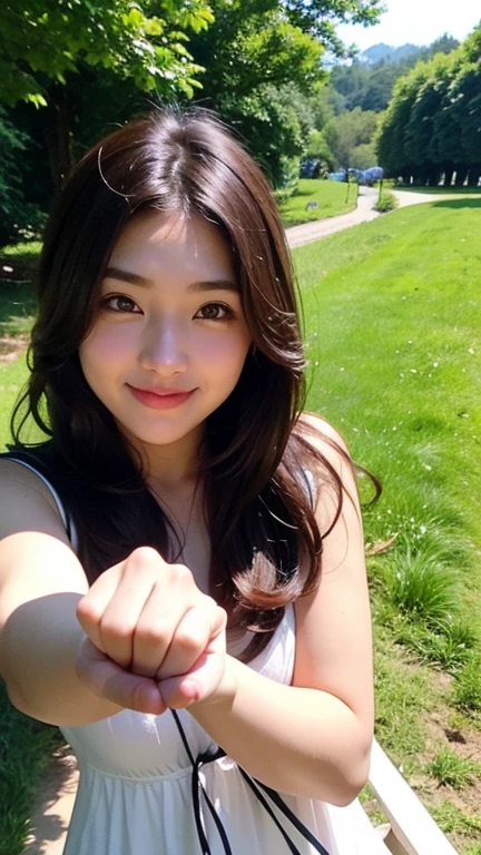22-year-old girl, with gray eyes, pale white skin, normal body, smiling, black hair, photo taken with an ultra-realistic professional camera, very comfortable clothes, lying on the grass and a statue in the background
