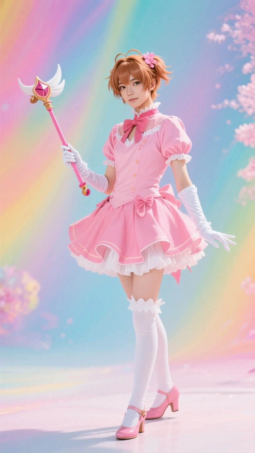 Girl with pink hair, , ゴージャスなMagical girlの衣装, Pink Eyes, Well-formed face, Pink dress with ribbons and frills, I have a magic wand in my hand, The tip of the wand is a glowing pink heart., Designed to look like a bow and arrow, Magical girl, Panty shot, A little bit of underwear is visible.